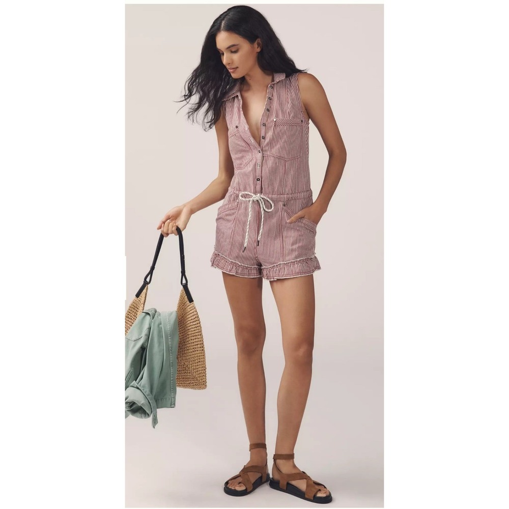 Pilcro Sleeveless Denim Railroad Drawstring Romper Striped Ruffle Anthropologie